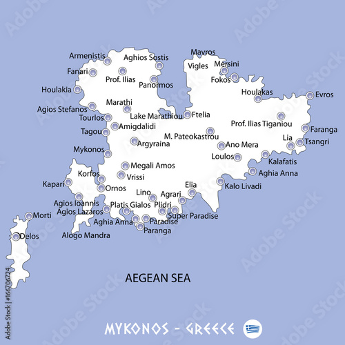 island of mykonos in greece white map and blue background illustration
