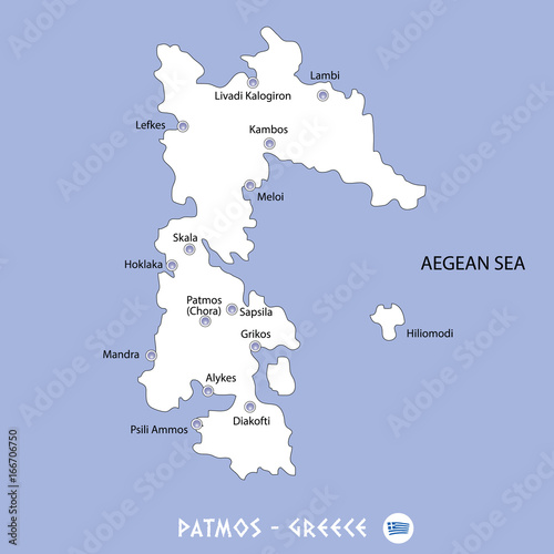 island of patmos in greece white map and blue background illustration
