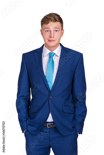 Portrait of happy smiling young businessman, isolated on white background. Business success concept.