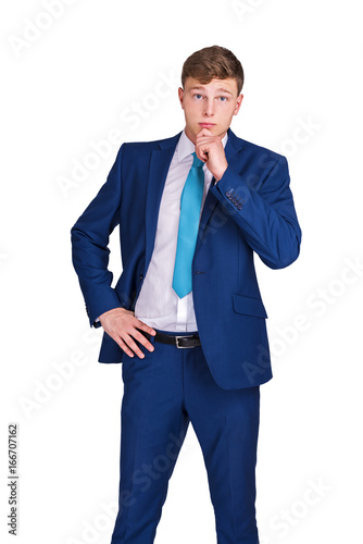 smart businessman thinking, looking at camera with hand hiding his mouth, expressing leadership reflections and concerns, copy space, white background studio