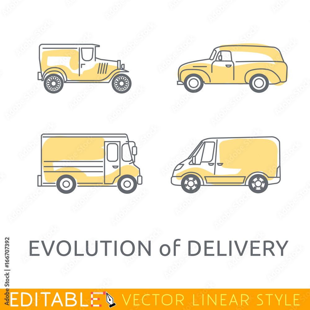 evolution of delivery cars Editable line sketch icon set. Stock vector illustration.