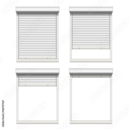 Vector Rolling Shutters. White Metallic Roller Shutter Isolated On White Background Illustration.