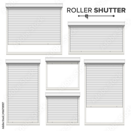 White Roller Shutters Vector. Window, Door, Garage, Storage Roller Shutters. Opened And Closed. Front View. Isolated