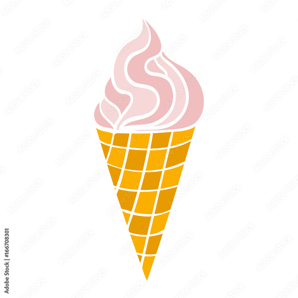 Colorful Ice Cream with rose in the waffle cone isolated object on white background.Vector illustration.