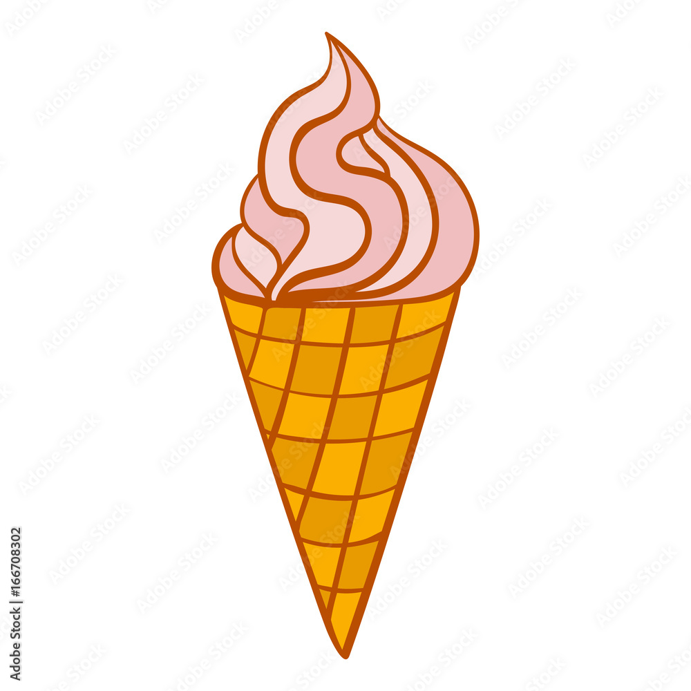 Colorful Ice Cream with rose in the waffle cone isolated object on white background.Vector illustration.
