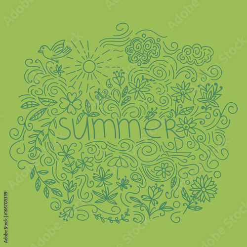 Summer postcard. Doodle summer card with floral elements  flowers  sun  curly lines. Vector illustration.