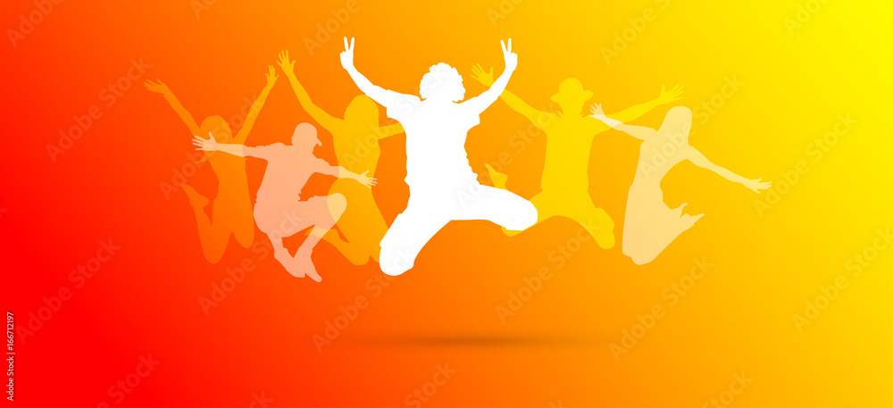 saltare, silhouette, divertimento, gioco, amici saltare, silhouette, divertimento, gioco, amici