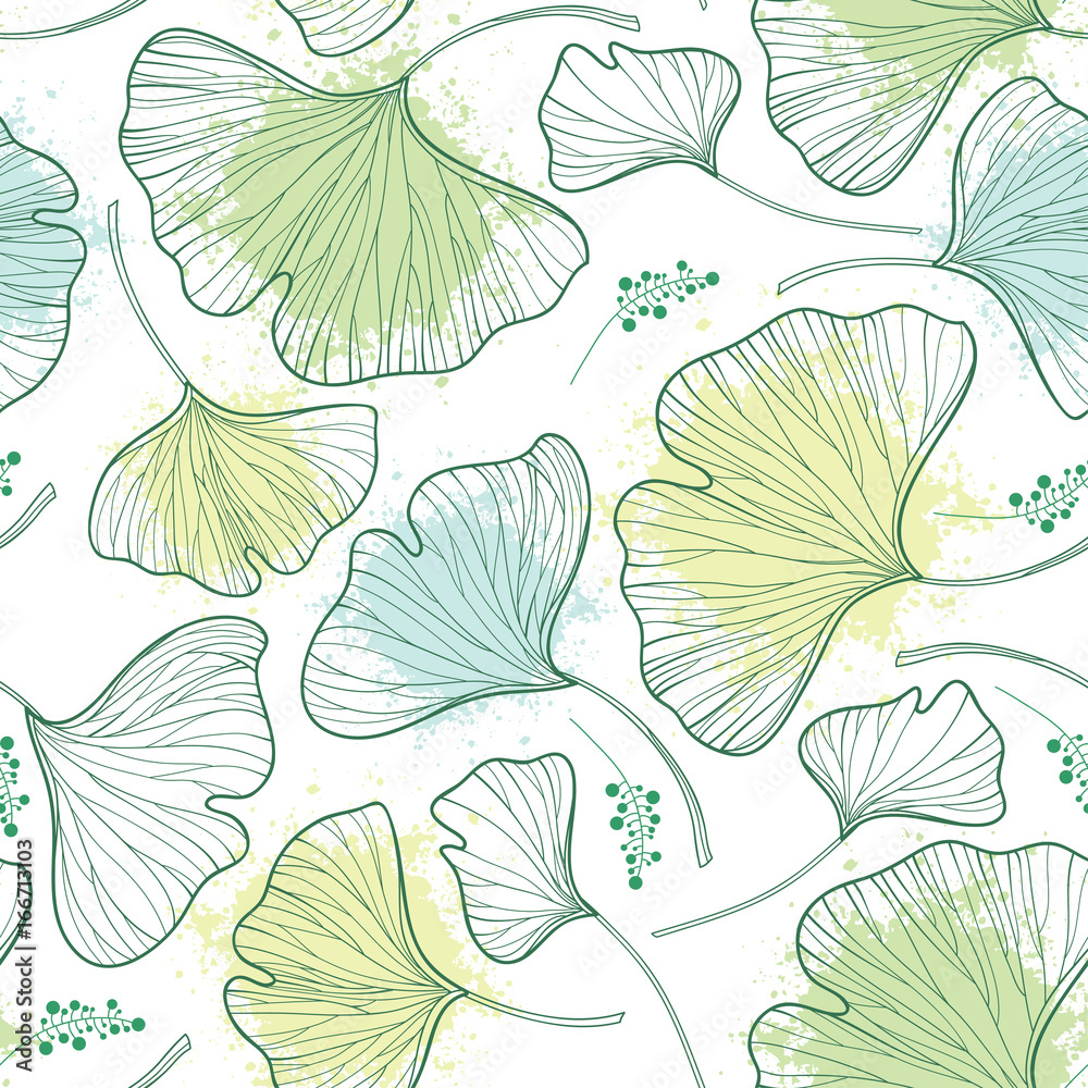 Vector seamless pattern with outline Gingko or Ginkgo biloba leaves and  blot in pastel green on the white background. Floral pattern with Gingko  foliage in contour style for summer design. Stock Vector