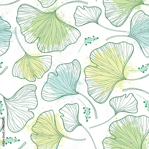 Vector seamless pattern with outline Gingko or Ginkgo biloba leaves and blot in pastel green on the white background. Floral pattern with Gingko foliage in contour style for summer design.