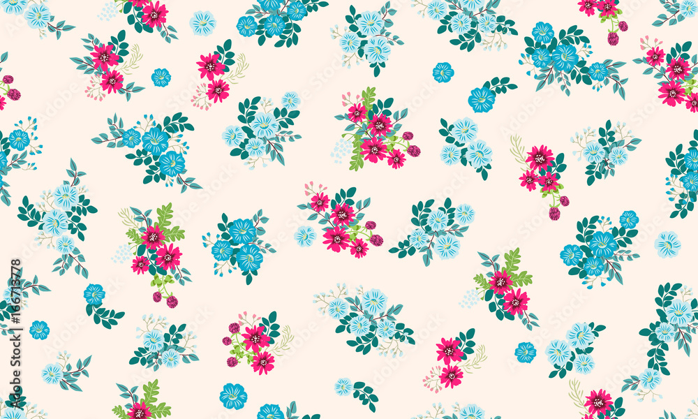 Seamless folk pattern in small wild flowers. Country style millefleurs. Floral meadow background for textile, wallpaper, pattern fills, covers, surface, print, gift wrap, scrapbooking, decoupage.