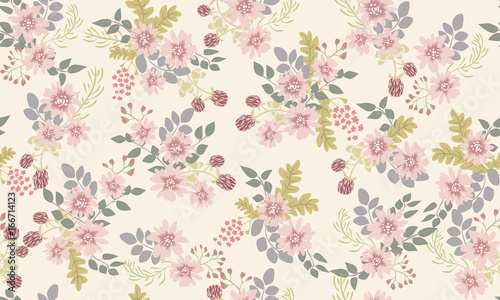 Seamless folk pattern in small wild flowers. Country style millefleurs. Floral meadow background for textile, wallpaper, pattern fills, covers, surface, print, gift wrap, scrapbooking, decoupage.