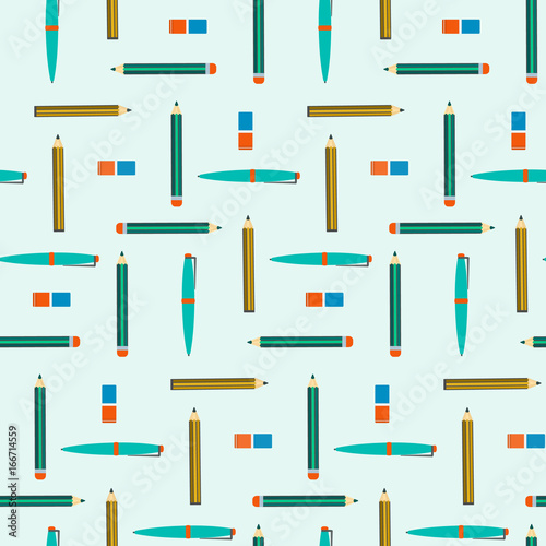 School seamless pattern with pens, pencils and erasers. Nice kids education texture with study equipment for wrapping paper, cover, banner, wallpaper, background, design
