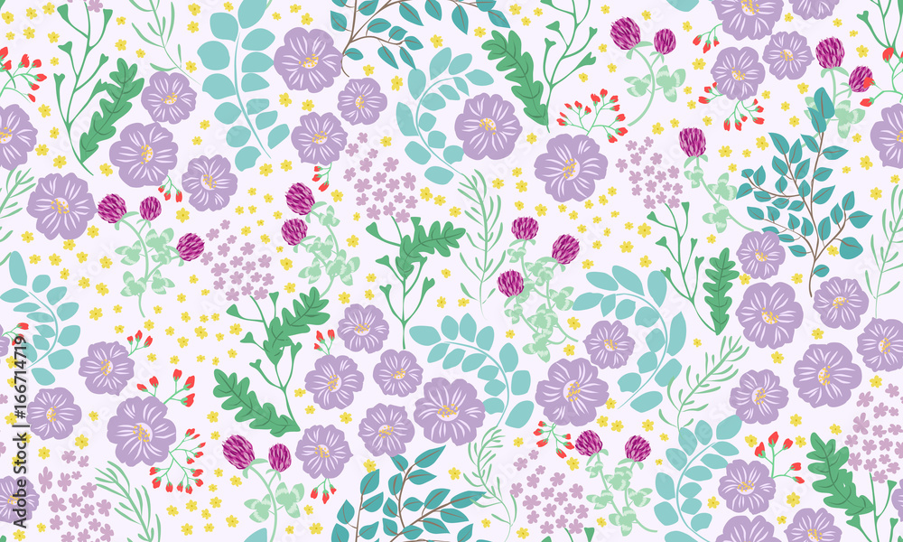 Seamless folk pattern in small wild flowers. Country style millefleurs. Floral meadow background for textile, wallpaper, pattern fills, covers, surface, print, gift wrap, scrapbooking, decoupage.