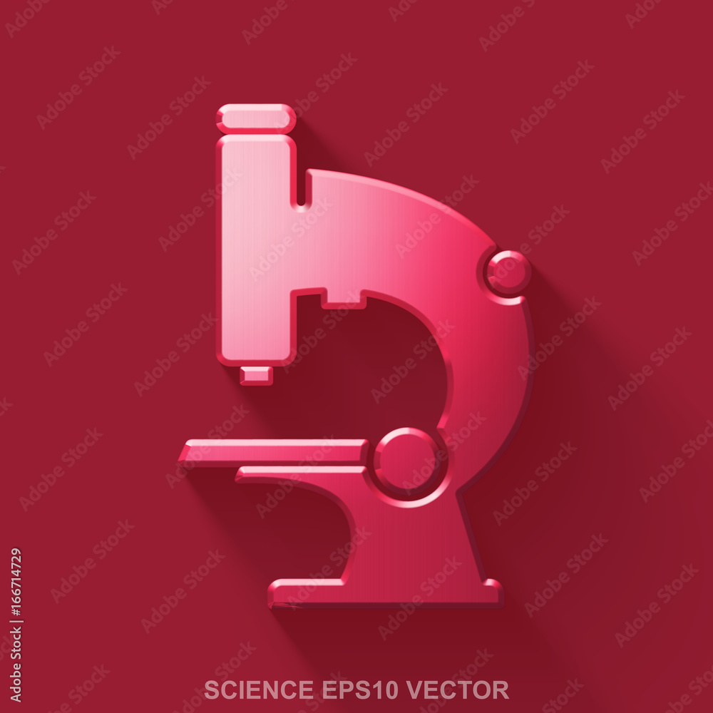 Flat metallic Science 3D icon. Red Glossy Metal Microscope on Red background. EPS 10, vector.