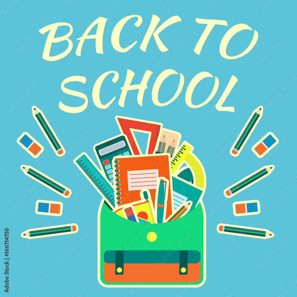 Colorful vector back to school poster with school tools in backpack on  bright blue background. Education symbol for september study events design  Stock Vector | Adobe Stock
