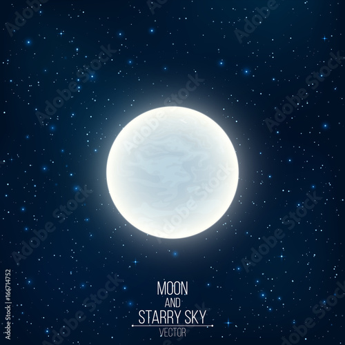 Glowing milky full moon in space. Many luminous stars. Realistic space