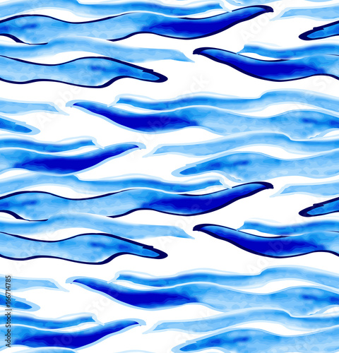 Blue watercolor waves on white with black