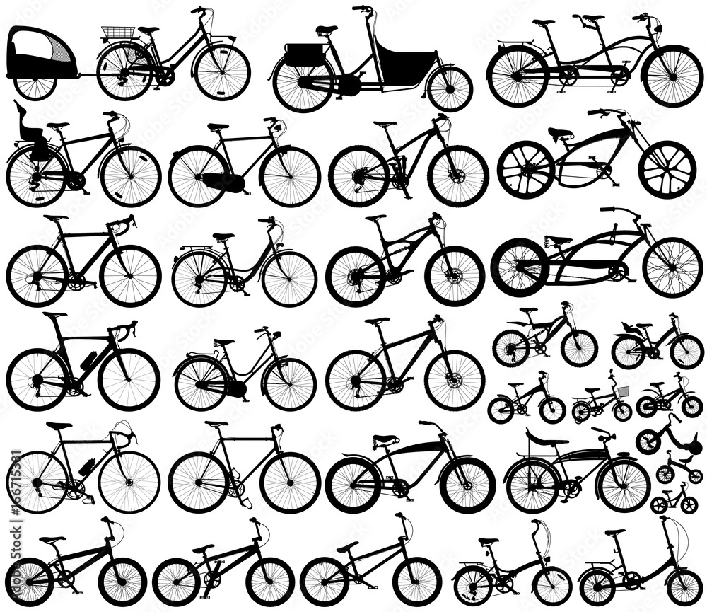 Obraz premium Man, woman and child bicycles detailed vector silhouette collection