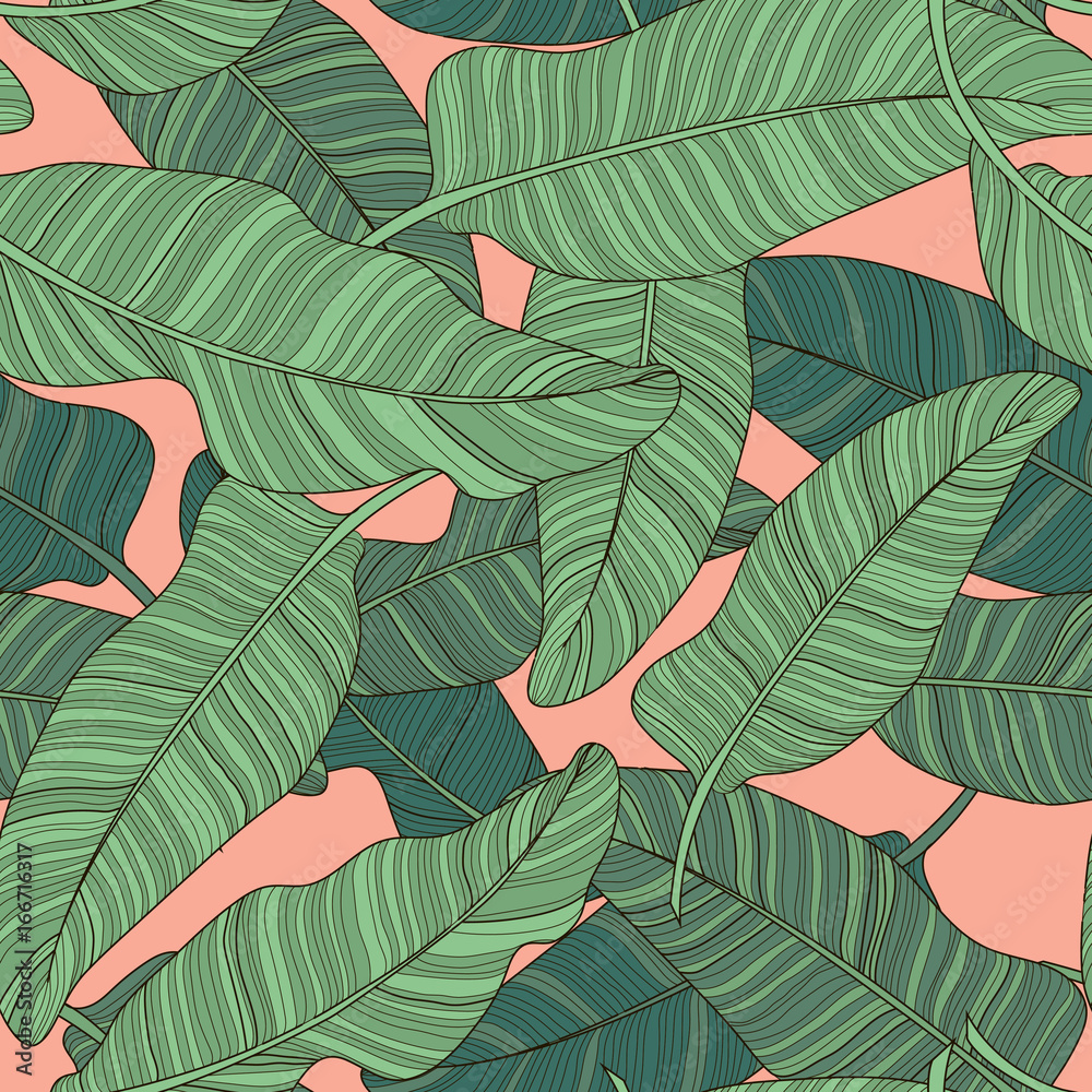 Composition of green palm banana leaf on a light pink background. Print summer seamless vector pattern wallpaper