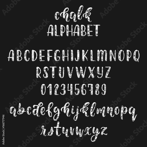 Chalk handwritten latin calligraphy brush script with numbers and symbols. Modern chalk alphabet. Vector