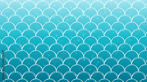 Mermaid scale on trendy gradient background. Horizontal backdrop with mermaid scale ornament. Bright color transitions. Fish tail banner and invitation. Underwater sea pattern. Turquoise, blue colors.