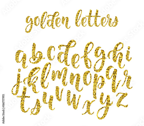 Gold glitter hand drawn latin modern calligraphy brush alphabet of lowercase letters. Vector