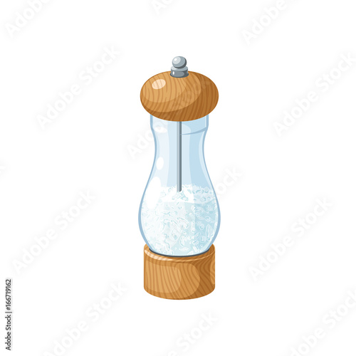 Transparent glass salt mill with wooden bottom and cap. Vector cartoon illustration flat icon isolated on white.