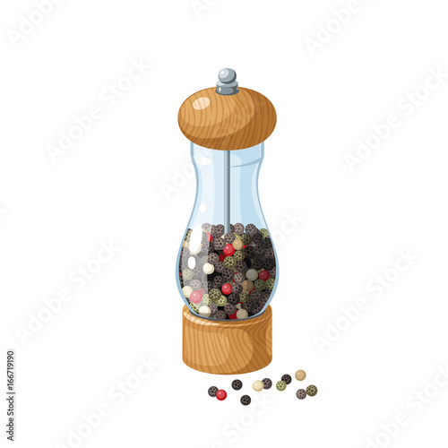 Transparent glass pepper mill with wooden bottom and cap, filled pepper peas. Vector cartoon illustration flat icon isolated on white.