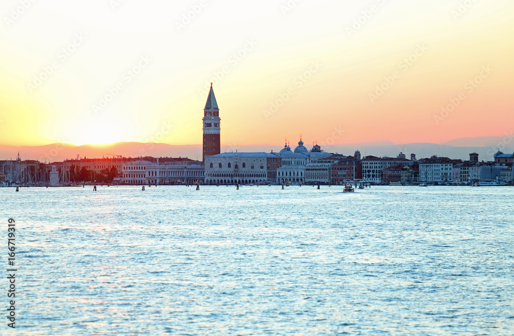 SUNSET in VENICE in Italy and the Campanile of St. Mark