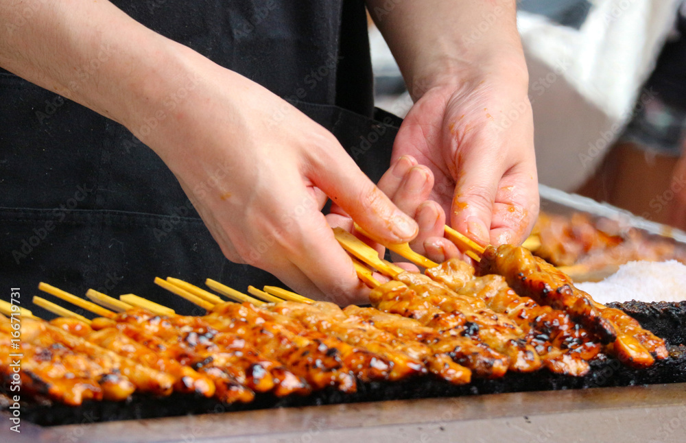 japanese traditional yakitori, chicken grill as the famous street food of japan