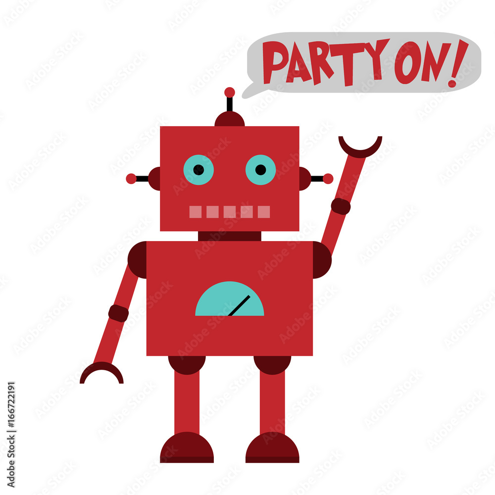 Naklejka premium Vector illustration of a toy Robot and text PARTY ON!