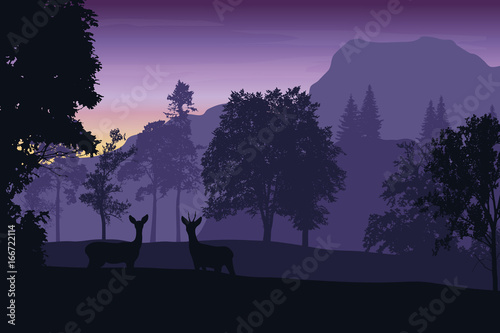 Vector illustration of a mountain landscape with a forest and a deer under a purple sky