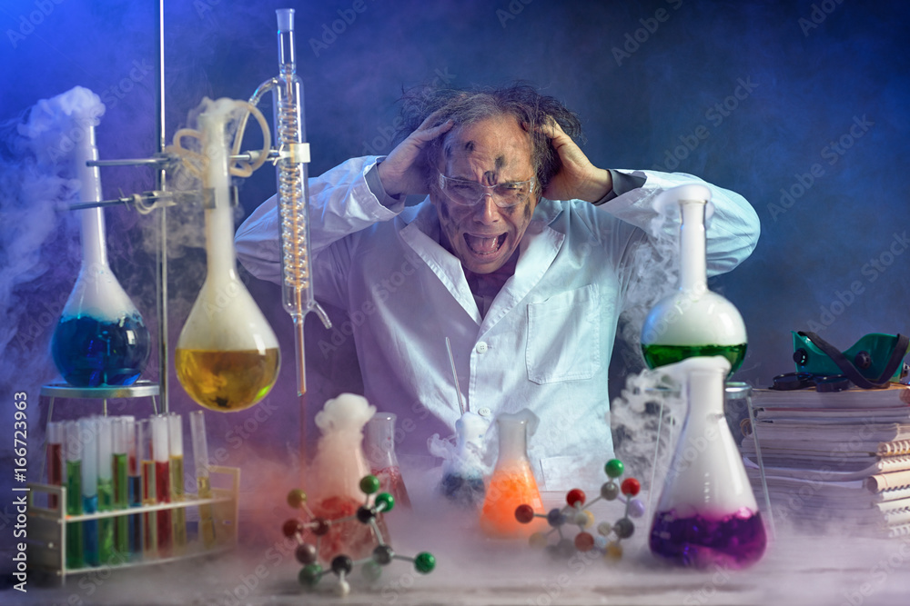 Crazy scientist yelling in his lab