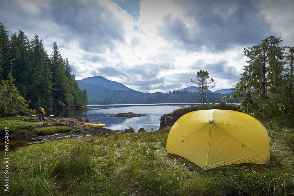 Camping tent on coastline of Alaska