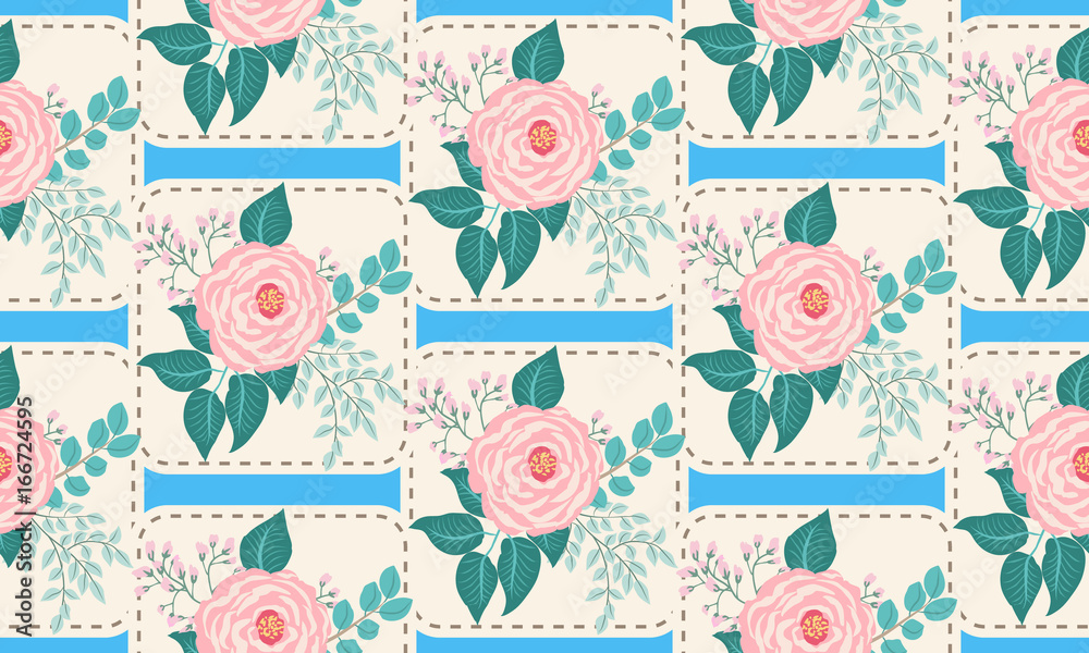 Seamless pattern in small cute flowers of antique roses and branches. Chabby chic millefleurs. Floral background for textile, wallpaper, pattern fills, covers, surface, print, gift wrap, scrapbooking,