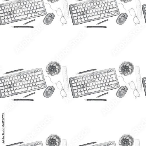 Seamless background pattern of objects painted watercolor office equipment, tools, worktable on a theme September 1, study, knowledge, on a white background top view in black and white