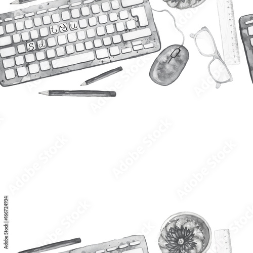 Seamless background pattern of objects painted watercolor office equipment, tools, worktable on a theme September 1, study, knowledge, on a white background top view in black and white