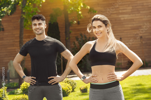Young couple exercise together outdoors healthy lifestyle
