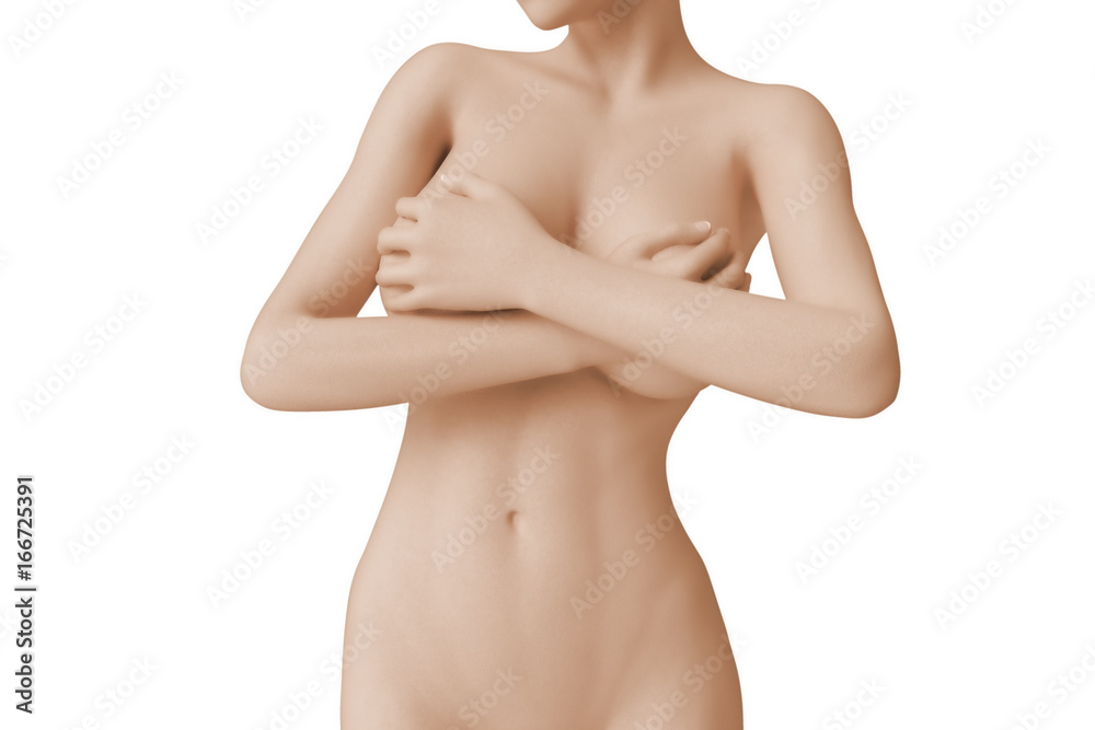 Topless woman covering her breast Topless woman covering her breast