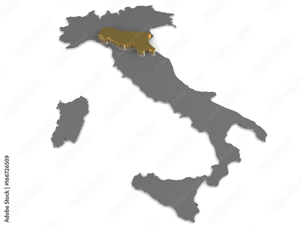 Obraz premium Italy 3d metallic map, whith emilia romagna region highlighted 3d render