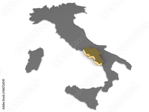 Italy 3d metallic map, whith campania region highlighted 3d render