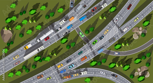 Top view huge autobahn expressway with traffic.eps