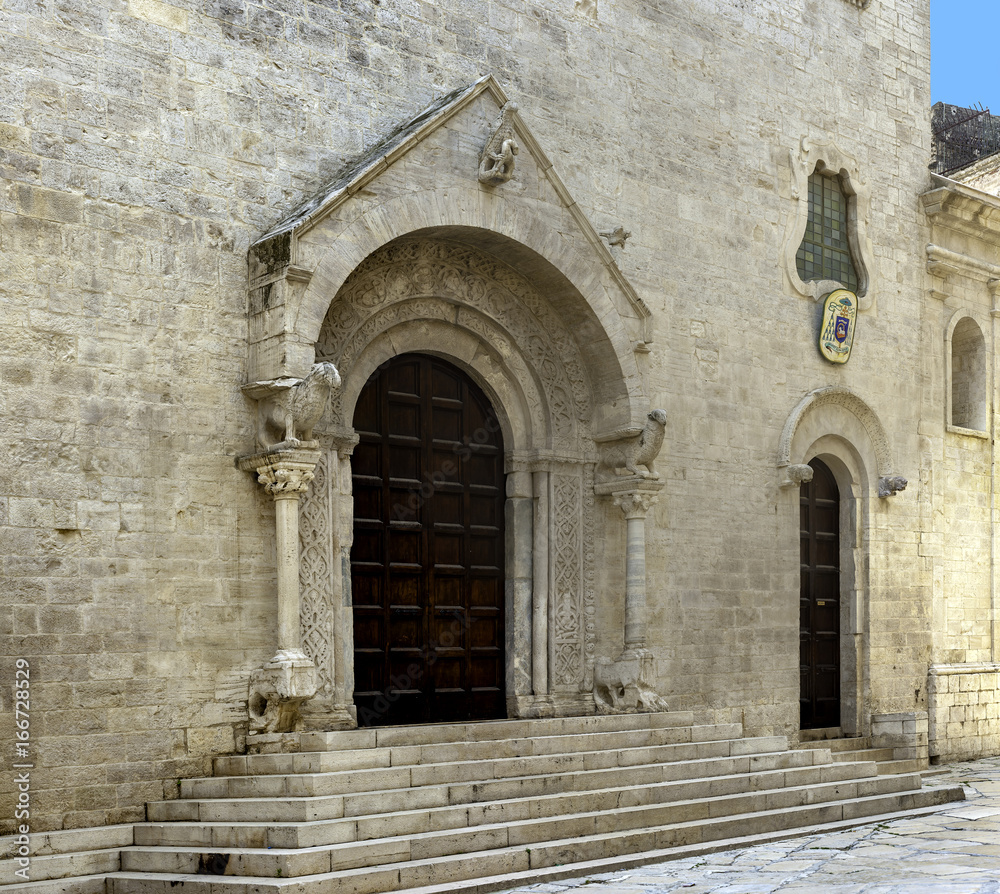 Romanesque architecture cathedral portal church. Bisceglie. Apulia. Italy
