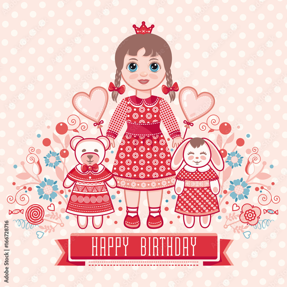 Fototapeta premium Happy birthday - greetings card for girl.