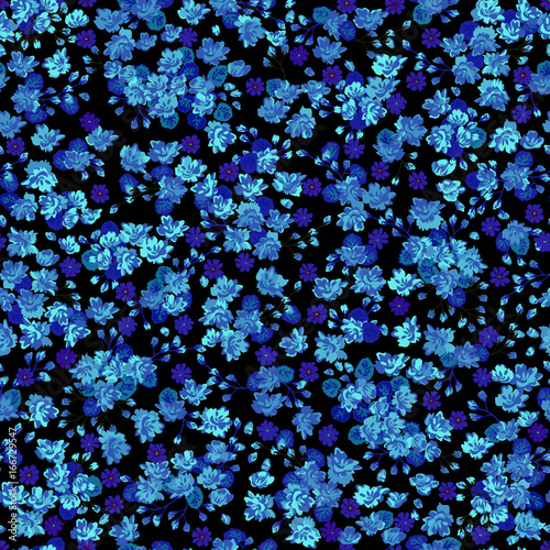 Simple gentle pattern in small-scale indigo flower. Millefleurs. Liberty style. Floral seamless background for textile or book covers, manufacturing, wallpapers, print, gift wrap and scrapbooking.