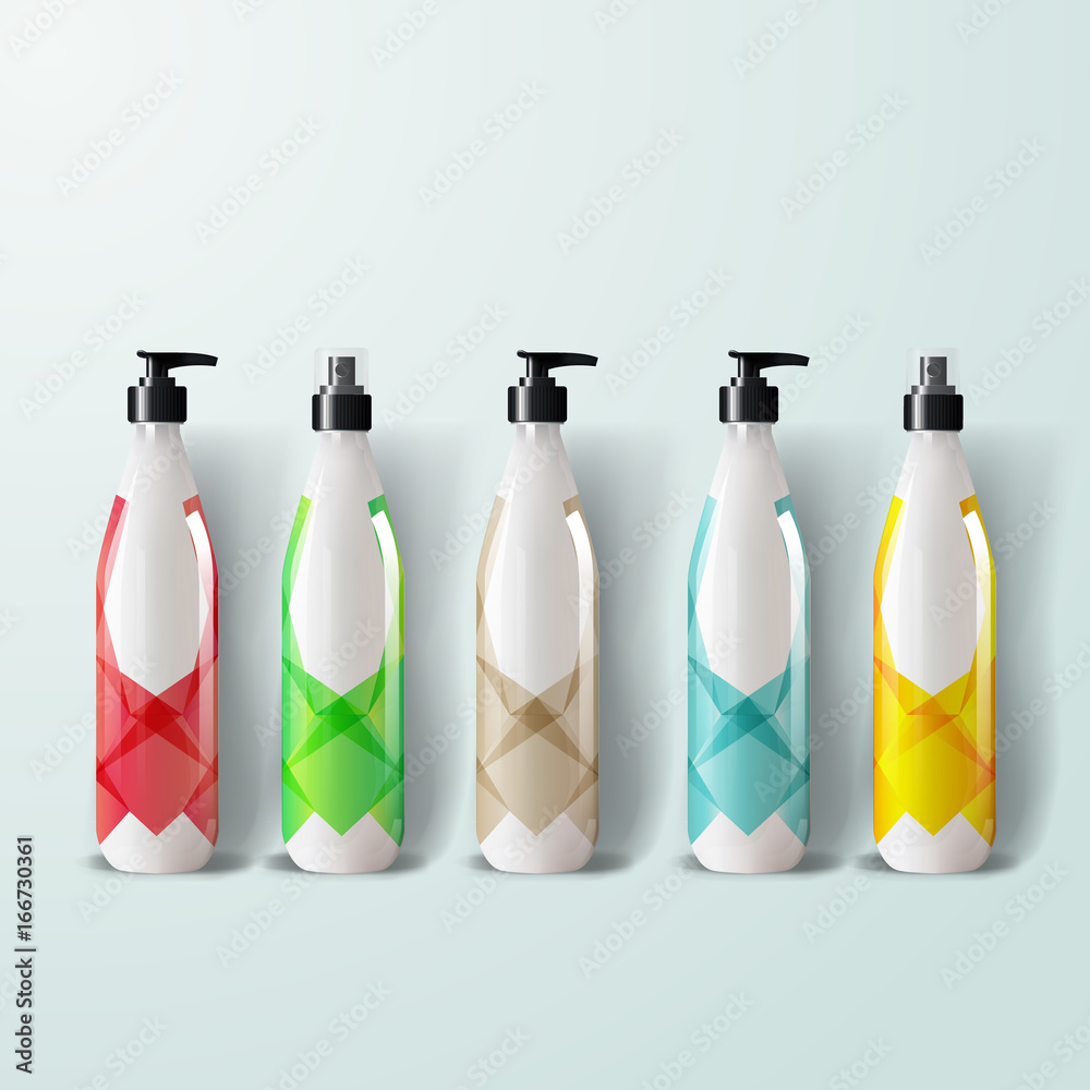 Mockup template for branding and product designs. Isolated realistic plastic bottles with dispenser spray and unique geometric design. Easy to use for advertising branding and marketing.