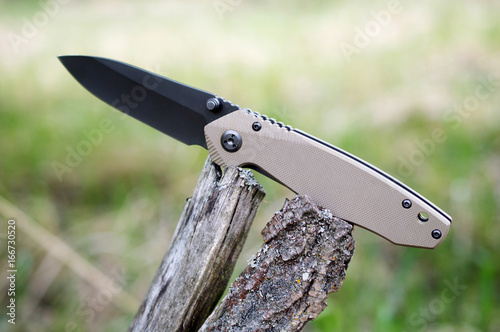 Open pocket tourist knife lies on cracked tree branch. Tool for 