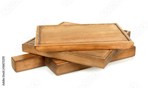 Pile of wooden boards on white background