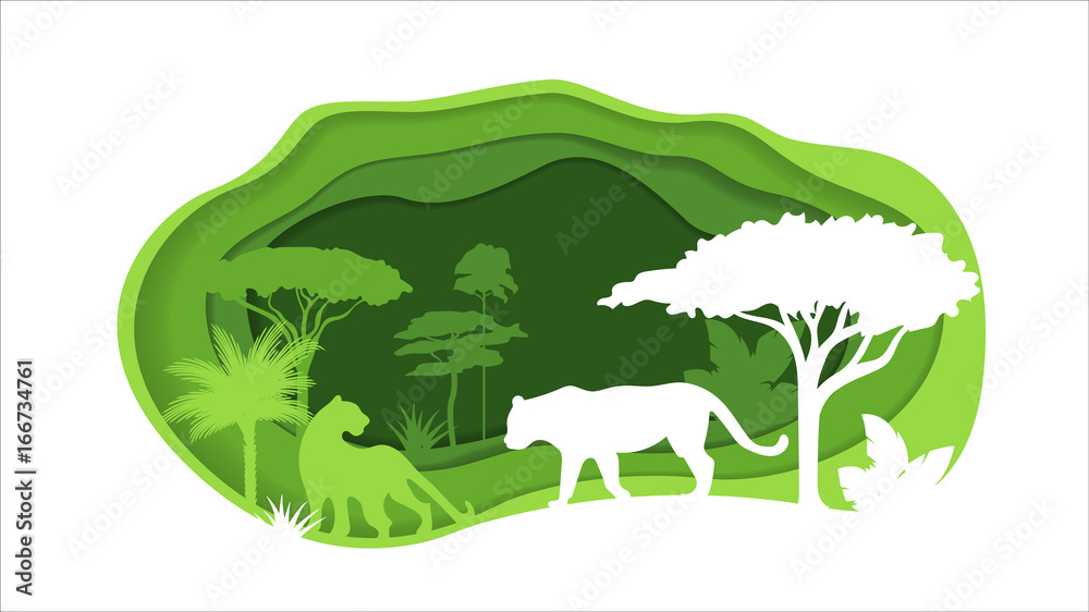 Obraz premium Paper Crafted Cutout World. Concept of tropical rainforest Jungle. Vector illustration