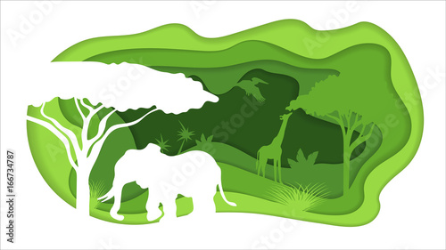 Paper Crafted Cutout World. Concept of tropical rainforest Jungle. Vector illustration